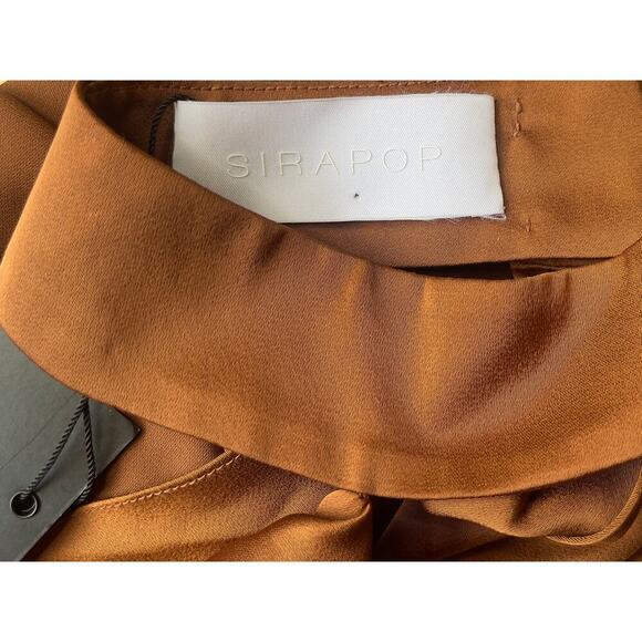 Sirapop Sara Satin Asymmetric Side-Drape Midi Dress in Camel NWTI – Size Small - Picture 5 of 17